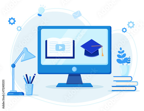 Online classes concept on monitor screen for e-learning course, webinar and online education on desktop, vector flat illustration