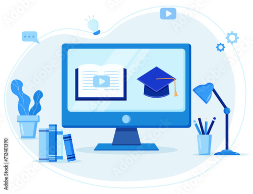 Online classes concept on monitor screen for e-learning course, webinar and online education on desktop, vector flat illustration