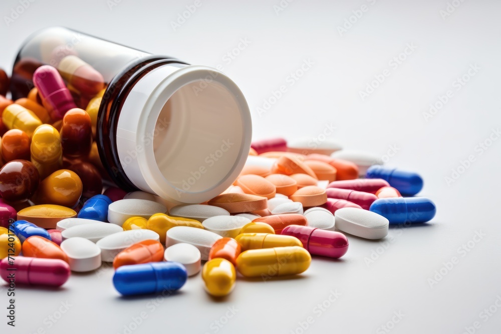 Variety of colorful pills and capsules around open bottle Variety of colorful pills and capsules around open bottle