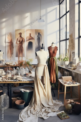 Creative fashion design studio with fabric swatches and mannequin