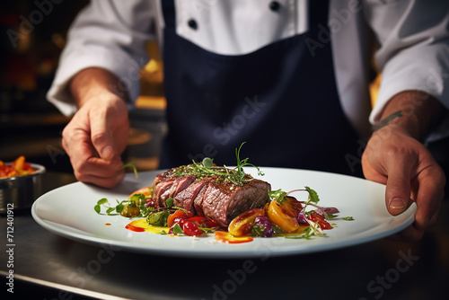 Chef serving a dish of beef tenderloin on a white plate
