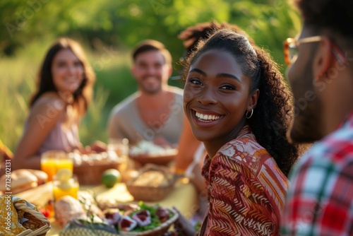a group of young cheerful diverse men and women posing for a photo on a summer spring picnic in a park, drinking alcoholic beverages and eating food, snacks and having much fun, celebrating vacation