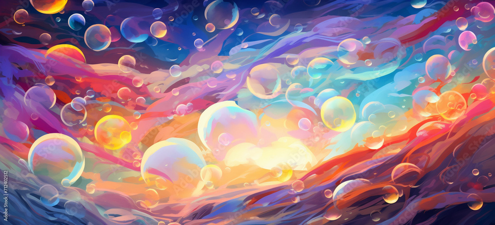 This design features a group of colorful soap bubbles floating in the ...