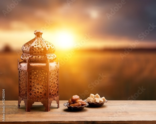 Ornamental beautiful Arabic lantern with candle glowing