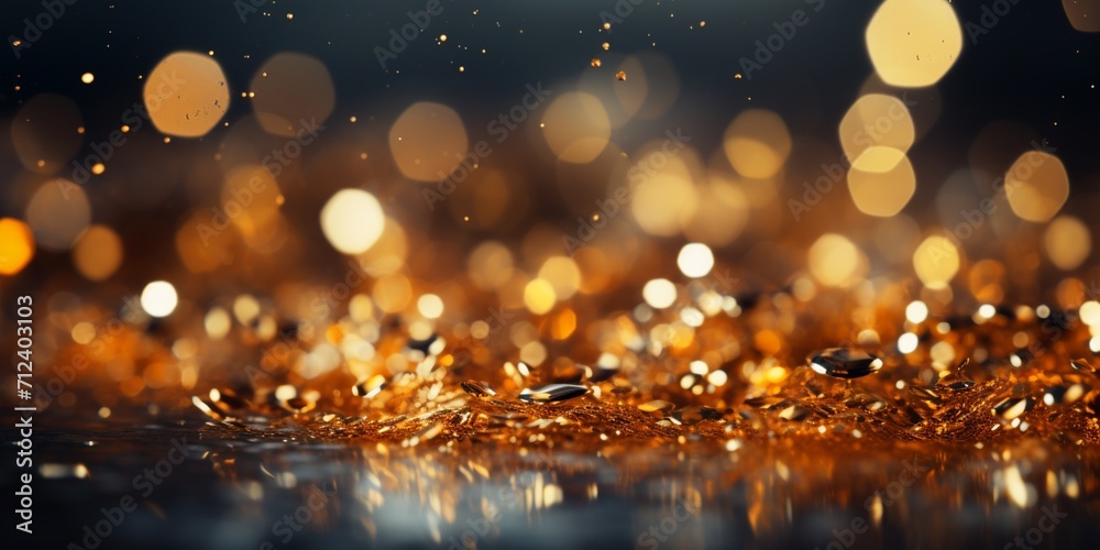 gold Sparkling Lights Festive background with texture. Abstract Christmas twinkled bright bokeh defocused and Falling stars. Winter Card or invitation
