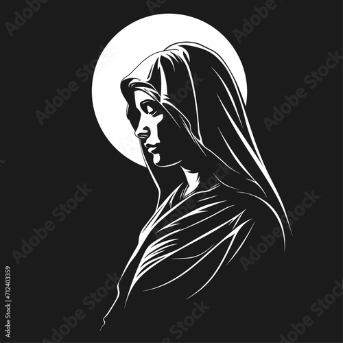 Holy Mary, Our Lady Virgin Mary Mother of Jesus, madonna, vector illustration, black on white background, printable, suitable for logo, sign, tattoo, laser cutting, sticker and other print on demand	 photo