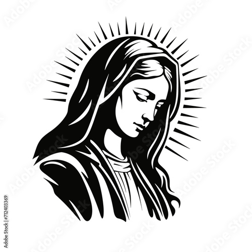 Madonna,  Our Lady Virgin Mary Mother of Jesus, Holy Mary, vector illustration, black on white background, printable, suitable for logo, sign, tattoo, laser cutting, sticker and other print on demand	