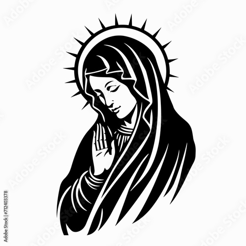 Virgin Mary Our Lady Mother of Jesus, Holy Mary, madonna, vector illustration, black on white background, printable, suitable for logo, sign, tattoo, laser cutting, sticker and other print on demand	