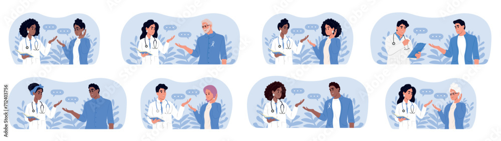 Doctors and patients of different races and ages. Male and female doctors talking to patients during consultation. Doctors and patients of different races and ages. Male and female doctors talking to patients during consultation.