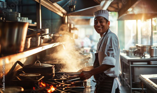 Asian Chef cooking works in the kitchen of a restaurant, fresh food dishes concept. photo