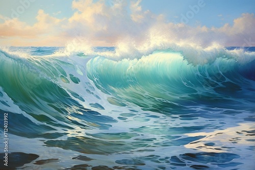 Contemporary painting depicting beach and sea waves. Generative AI