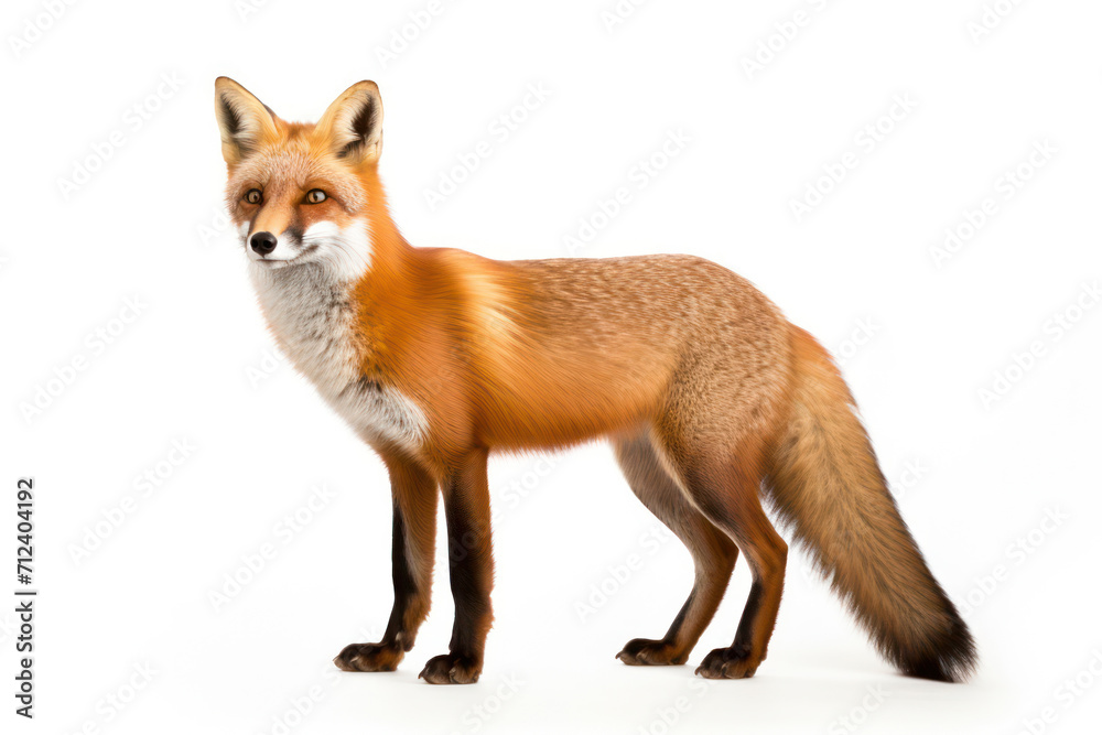 Cute Red Fox Portrait Against White Background: Majestic and Alert Wild Animal with Beautiful Fur, Standing in a Snowy Forest in Canada.