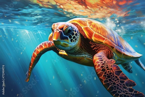 a sea turtle swims in the azure waters. Generative AI © Rafaela