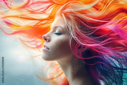 Artistic Expression in Hair A Close-Up View of Multicolored Hair Strands Flowing Freely, Showcasing a Mesmerizing Blend of Vivid Reds, Oranges, Purples, and Teals