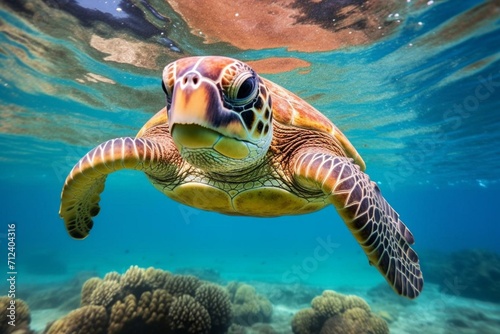 a sea turtle swims in the azure waters. Generative AI