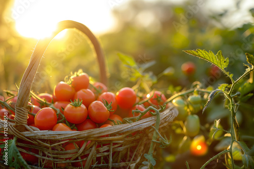 a basket full of tomatoes in tomatoes field, in sunrise, with sun light