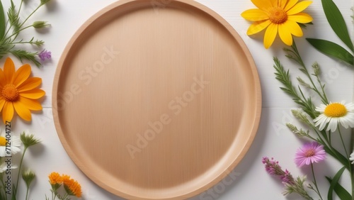 Beauty cosmetic product presentation scene made with a wooden plate and wild flowers