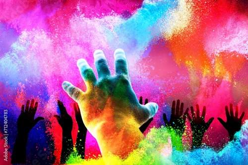 Holiday Holi colored explosion with human hands