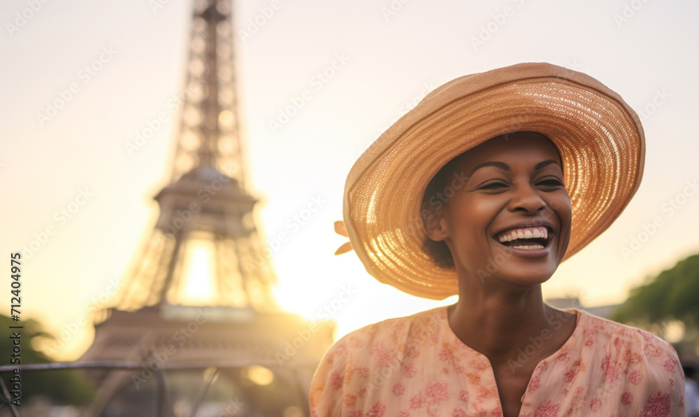 Happy black woman travel in Paris, Cheerful Female in hat near Eiffel Tower, Travel to Europe, Famous popular tourist place in world.