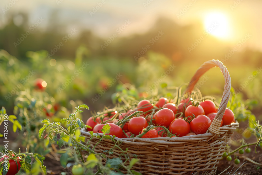 a basket full of tomatoes in tomatoes field, in sunrise, with sun light a basket full of tomatoes in tomatoes field, in sunrise, with sun light