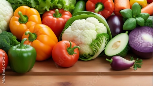 Fresh and raw vegetables on wooden kitchen table