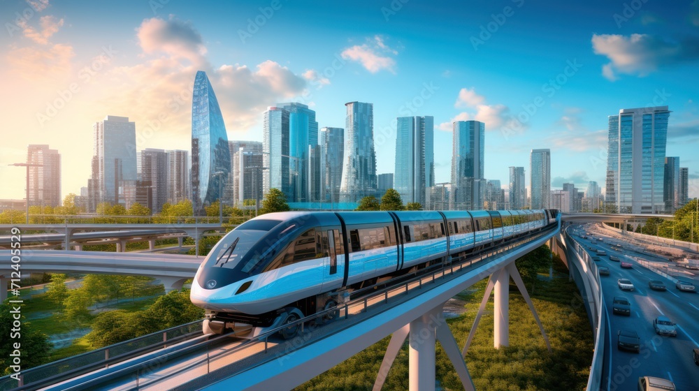 Naklejka premium Transportation concept of train running on tracks and in the background there are complex roads intersecting each other and city