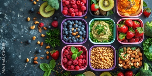 Healthy vegetarian food, a colorful blend of fresh organic ingredients to promote a healthy and nutritious lifestyle in trays.