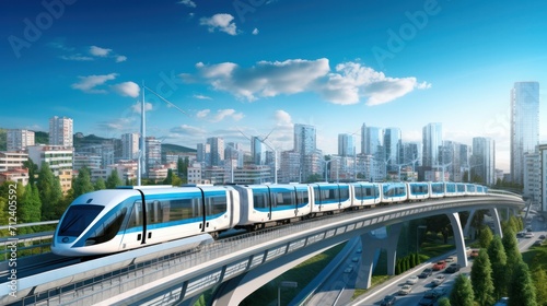 Transportation concept of train running on tracks and in the background there are complex roads intersecting each other and city