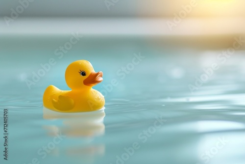 Yellow rubber duck floating on the water of the bathtub photo