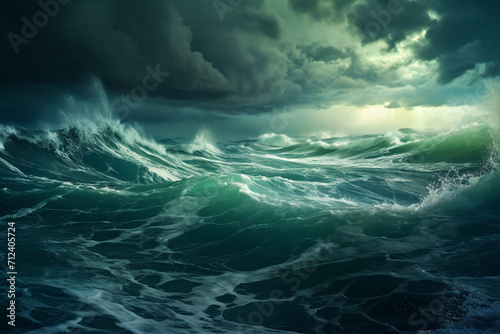 Sea Storm view, waves with foam in storm, seascape, sea or ocean under dark blue clouds, turquoise colour of water. Mountains coastline. Big Waves.