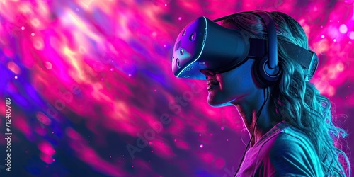 Technology in virtual reality entertainment with woman wearing headset device for modern VR game in digital future tech experiencing glasses in simulation visual cyberspace wearable equipment © Thares2020