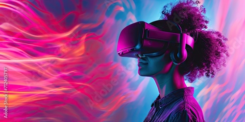Technology in virtual reality entertainment with woman wearing headset device for modern VR game in digital future tech experiencing glasses in simulation visual cyberspace wearable equipment photo