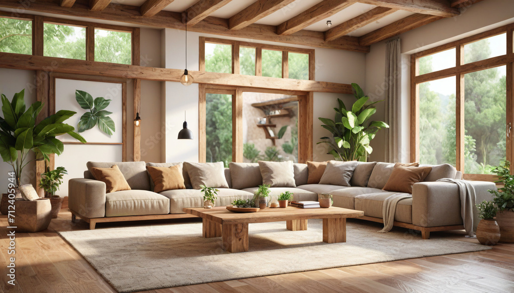 Eco-friendly living room design, large biophilic elements, natural light, sustainable materials, earthy tones, open plan, wooden beams, stone accents, comfortable and organic furniture, large leafy Eco-friendly living room design, large biophilic elements, natural light, sustainable materials, earthy tones, open plan, wooden beams, stone accents, comfortable and organic furniture, large leafy
