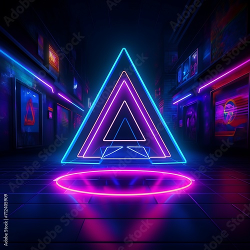 Realistic neon lights stage background with podium