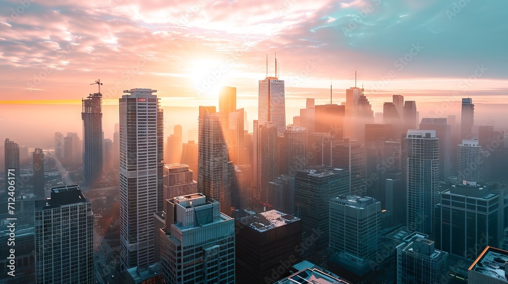 Fototapeta premium Cityscape from a height at sunset