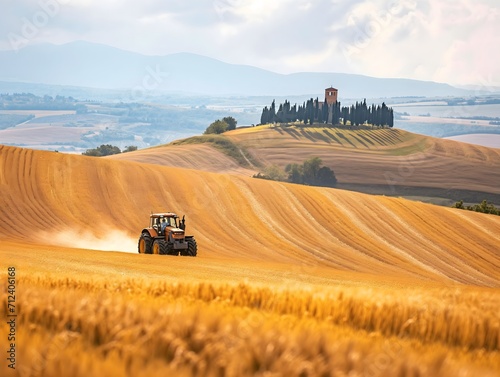 Rustic Charm: Tractor Tilling Rolling Hills of Wheat with a Tuscan Villa in the Distance