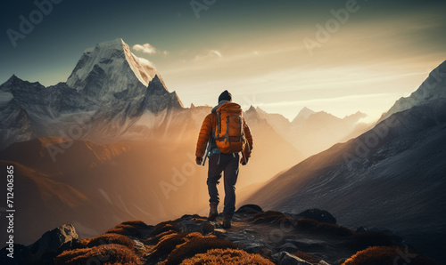 Male hiker traveling, walking alone in Himalayas under sunset