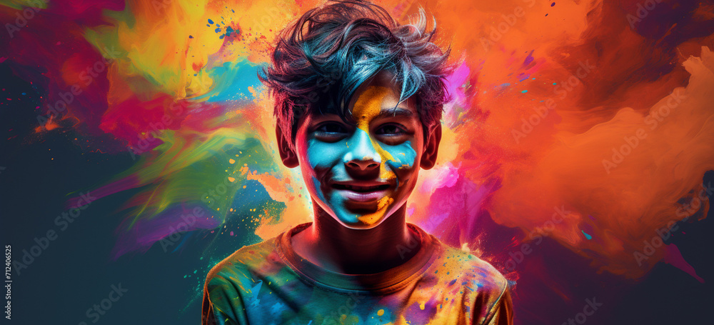 holi indian festival boy with colors generative