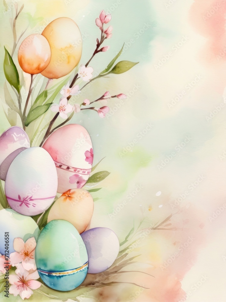 Easter Eggs and flowers Watercolor floral design. Watercolor easter eggs 
spring floral background with copy space.
