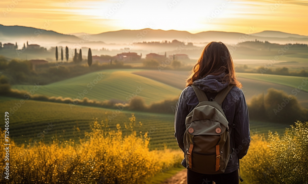 Female hiker traveling, walking alone Italian Tuscan Landscape view under sunset light. Woman traveler enjoys with backpack hiking in mountains. Travel, adventure, relax, recharge concept.