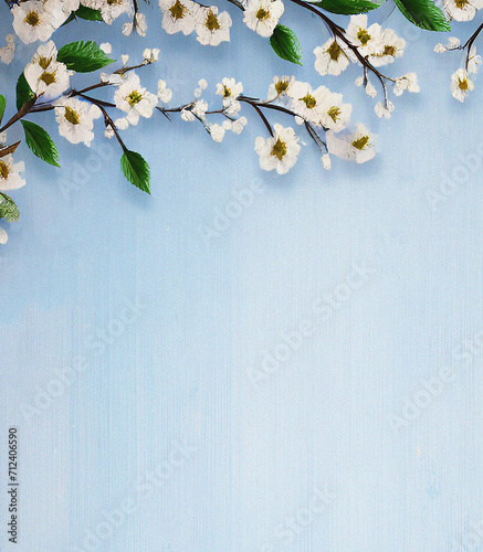 Blossom in spring on the blue background. Template with flowers. Vintage backdrop. Card design. Beautiful background with empty copy space.