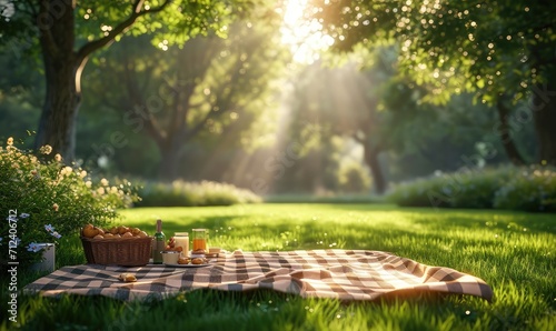 delightful picnic scene set in a serene park, bathed in golden sunlight. A soft, checkered blanket spreads across the lush green grass photo