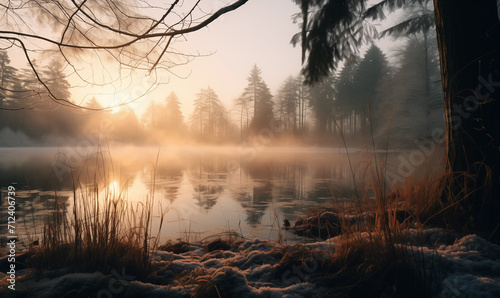 Beautiful scene of winter forest. Colorful morning view of misty lake and mountains during sunrise. Beauty of nature concept background.