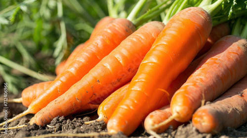 Bunch of organic dirty carrot in garden on soil ground. Carrots fresh harvest
