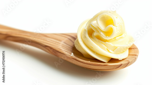 Butter curls or butter rolls on wooden spoon isolated. Made with generative ai