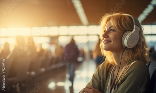Happy female traveler in airport, Woman sitting in headphones at the terminal waiting for her flight in boarding lounge. photo