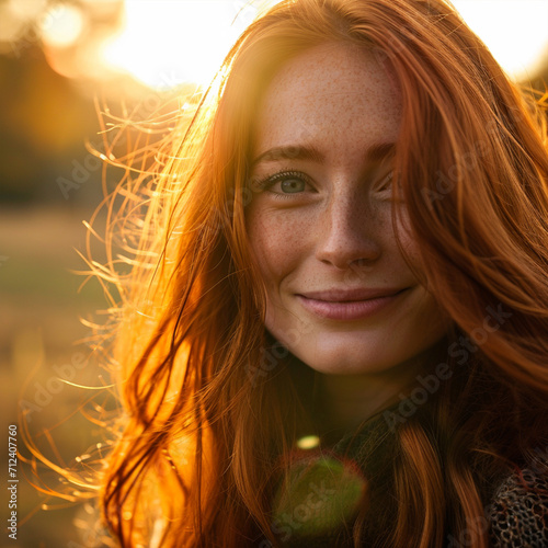 Smiling redhead outdoors backlit by sun, fashion shoot, ai technology