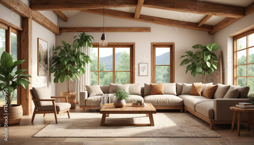 Eco-friendly living room design, large biophilic elements, natural light, sustainable materials, earthy tones, open plan, wooden beams, stone accents, comfortable and organic furniture, large leafy photo
