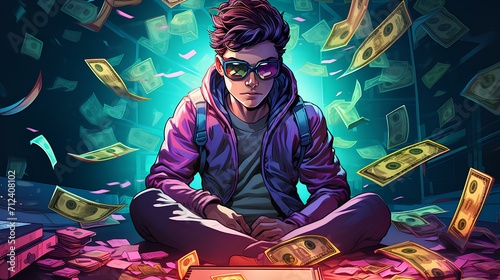 The gamer and lots of money illustration photo