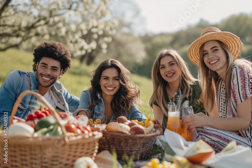 a group of young cheerful diverse men and women posing for a photo on a summer spring picnic in a park, drinking alcoholic beverages and eating food, snacks and having much fun, celebrating vacation